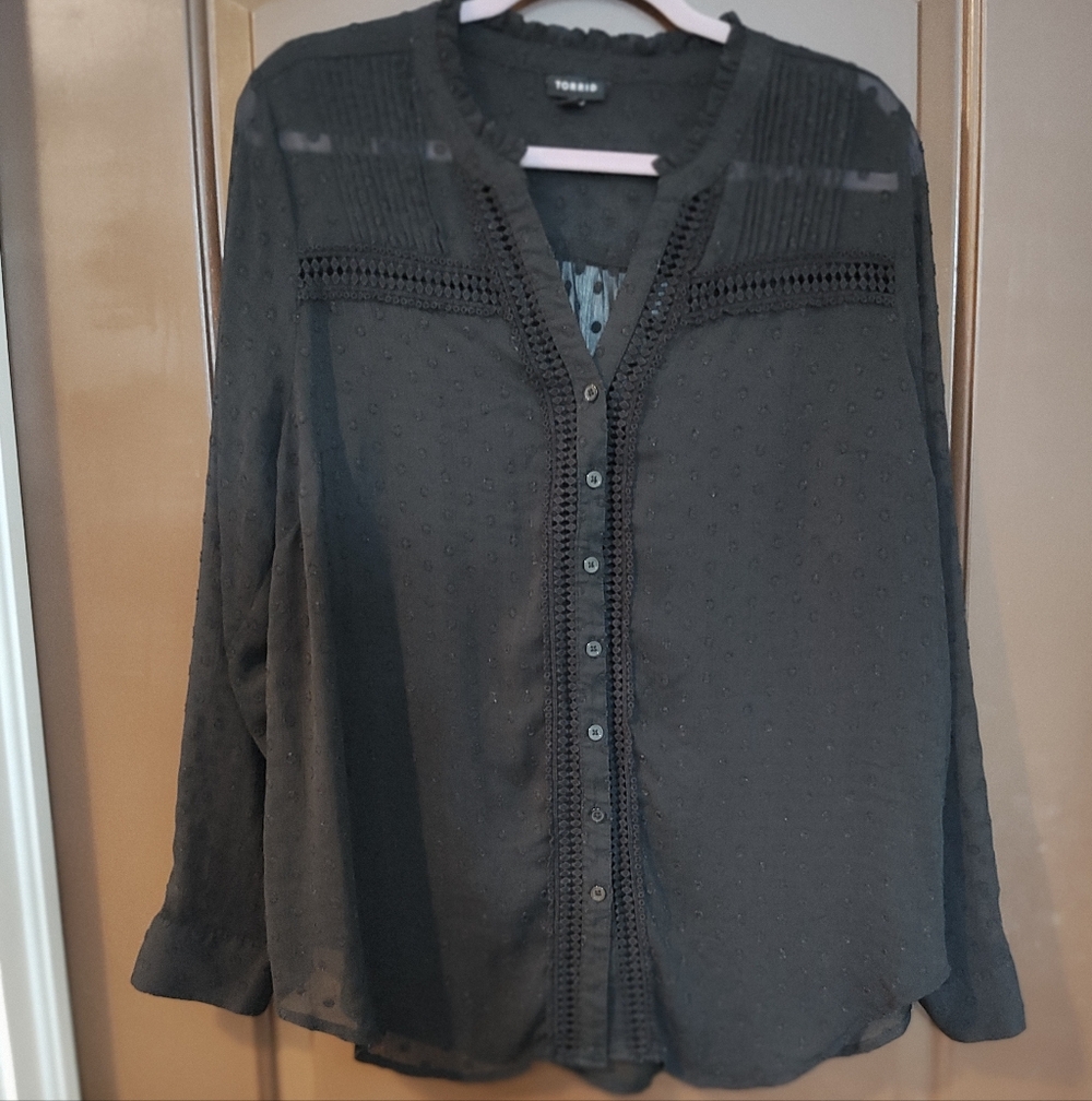 Torrid Black Semi Sheer Button-Up Blouse 2 Women's